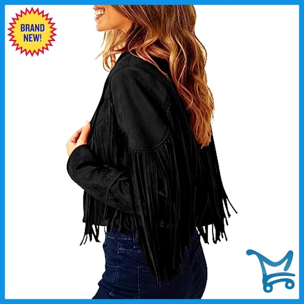 Faux Suede Fringe Cropped Jacket Y2K Chic Motorcycle Style Open Front - Picture 5 of 7
